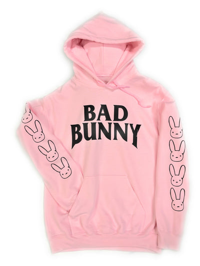 Bad Bunny Hoodie • Pink Hoodie Black Design Bad Bunny printed sleeve Hooded Sweatshirt