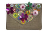 Multi-Color Floral Embellished Linen Cotton Thread Clutch