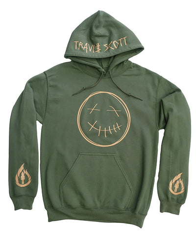 Travis Scott Green Hoodie, Rodeo Merch,Travis Scott Merch (Tan Smiley Face Logo and Flame Logo On Arms With Name On Hood)