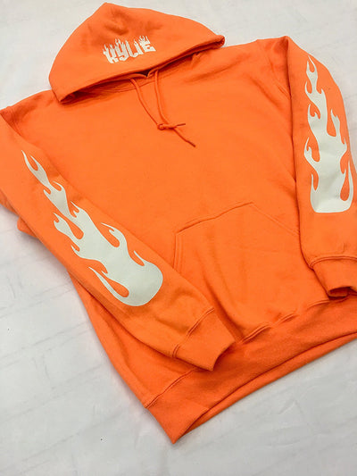Kylie Jenner Safety Orange Hoodie With Bright White Flames On Sleeves and Kylie On Hood