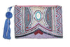Heavy Embellished Blue and Red with Pom Pom and Linen Cotton Thread Clutch