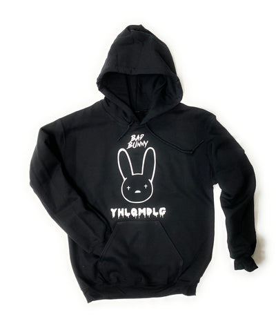 Bad Bunny Hoodie YHLQMDLG Black Hoodie White Design Bad Bunny Hooded Sweatshirt