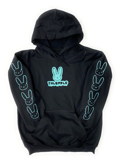 Bad Bunny Hoodie YHLQMDLG Black Hoodie Teal Design Bad Bunny on Sleeve