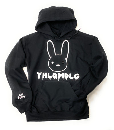 Bad Bunny Hoodie YHLQMDLG Black Hoodie White Design Bad Bunny on Sleeve
